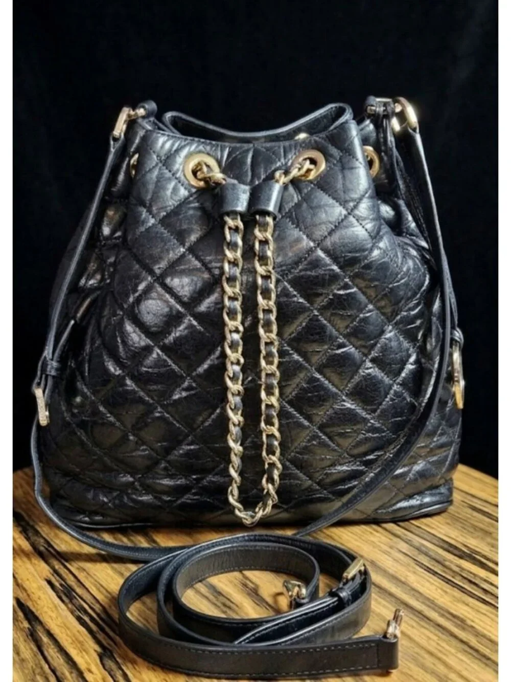 Michael Kors Frankie Black Leather Quilted Drawstring Convertible Bucket Bag